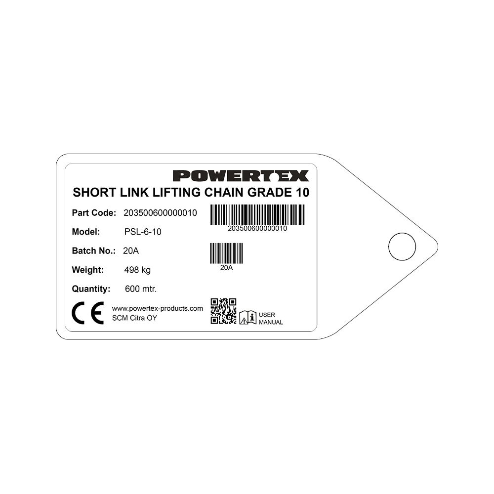 Powertex description tag for 6 mm Grade 10/100 short link chain